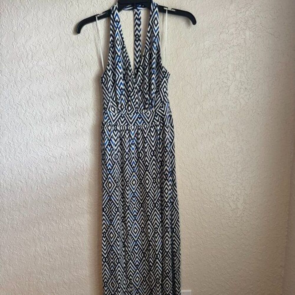 Tart Navy & White Geometric Wrap Maxi Dress V-Neck Side Slit Size Extra Small